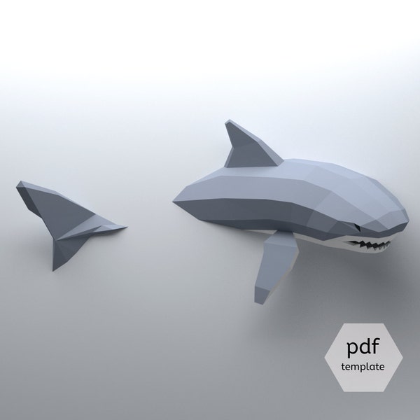 DIY Low Poly Shark 3D papercraft pattern: Decorate your walls with a 1-meter long Great White Shark - origami digital template - 3D puzzle