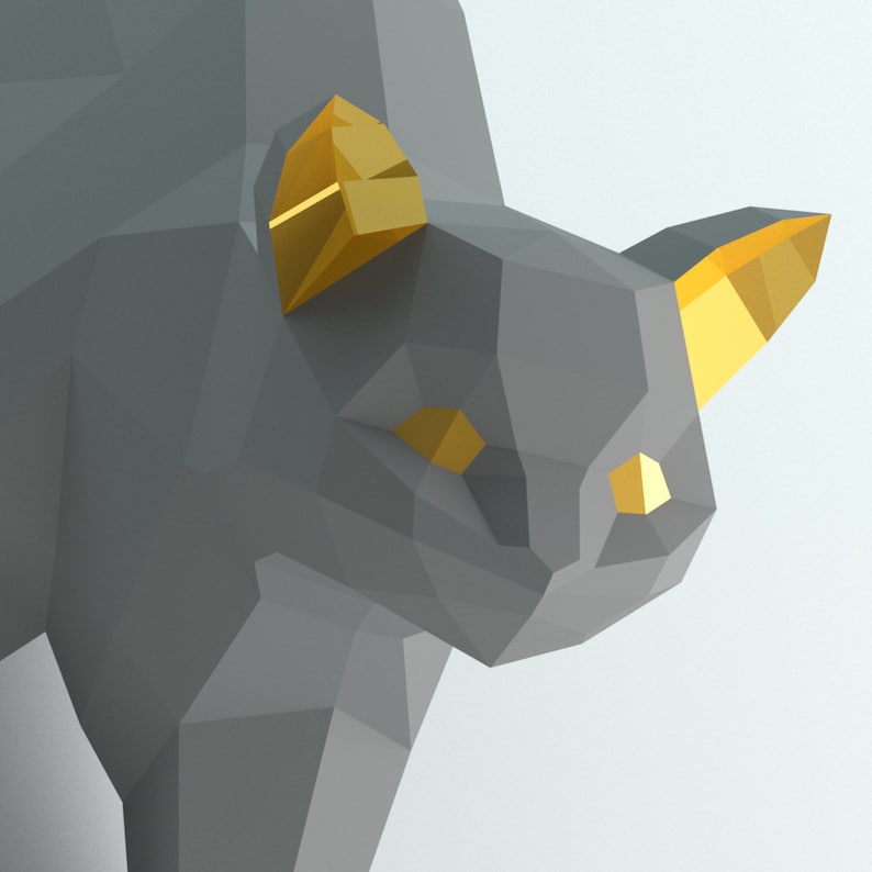 Half cat coming out of the wall: DIY this lowpoly 3D papercraft sculpture from PDF pattern step by step tutorial, Beginner friendly decor image 4