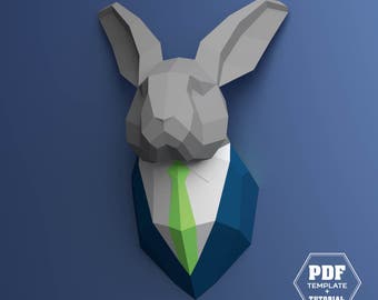 Executive rabbit, Bunny papercraft, Trophy head, Hare in a suit, (Digital pattern), DIY Easter origami, DIY paper rabbit, DIY wall mount