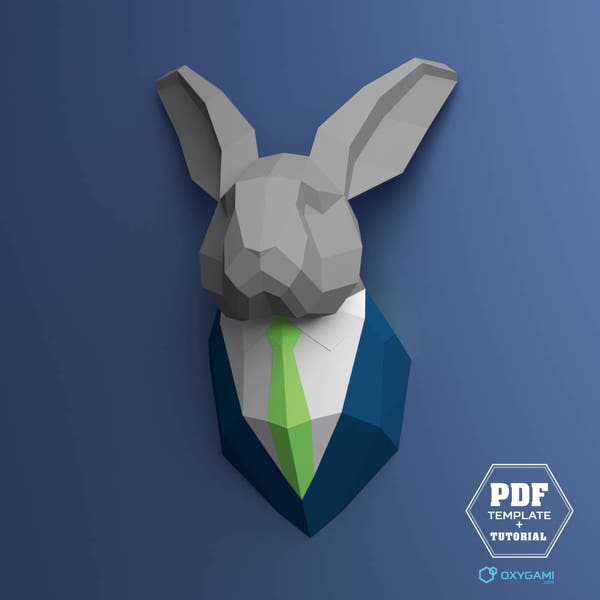 Executive rabbit, Bunny papercraft, Trophy head, Hare in a suit, (Digital pattern), DIY Easter origami, DIY paper rabbit, DIY wall mount