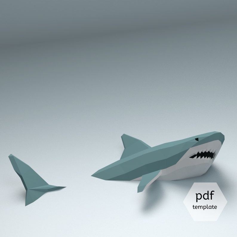 Low Poly Shark Papercraft: 3D Wall Decor DIY (PDF Pattern) image 3