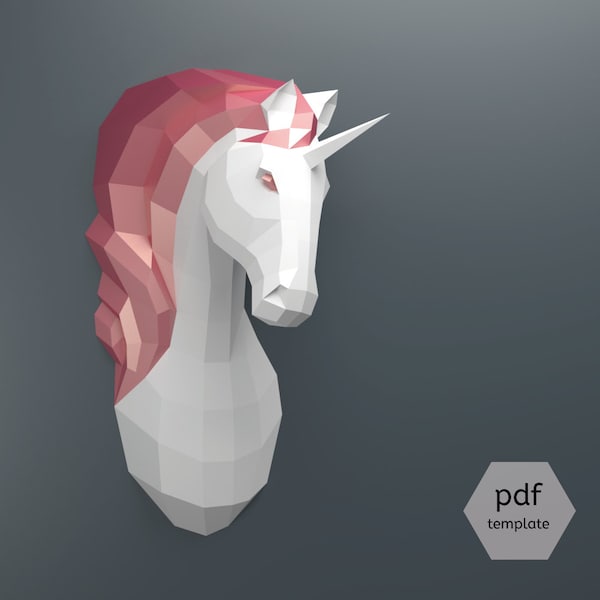 PDF Unicorn Pattern (Papercraft), Make Your Own Papercraft Unicorn Trophy: Faux Taxidermy Unicorn Template, DIY Unicorn Head, 3D Puzzle