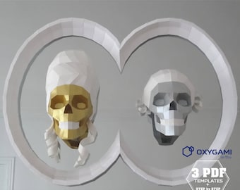 Skull decor, (bundle of 3 printable PDF patterns), Papercraft skulls, Framed Marie Antoinette and Louis XVI, Royal couple, Halloween decor