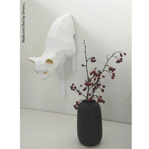 Half cat coming out of the wall: DIY this lowpoly 3D papercraft sculpture from PDF pattern step by step tutorial, Beginner friendly decor image 3