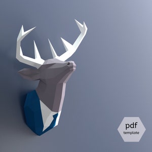 Cabeça de veado em papel, faça seu próprio troféu, troféu de papel, papel em pdf, cabeça de veado, suporte de parede com cabeça de veado, cabeça de animal de papel, veado de terno