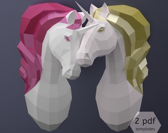 Papercraft 3D - Couple of Unicorns, DIY Paper Unicorns, Printable PDF templates, Low Poly Unicorns, 3D Paper Wall Art, Rainy Day Activities