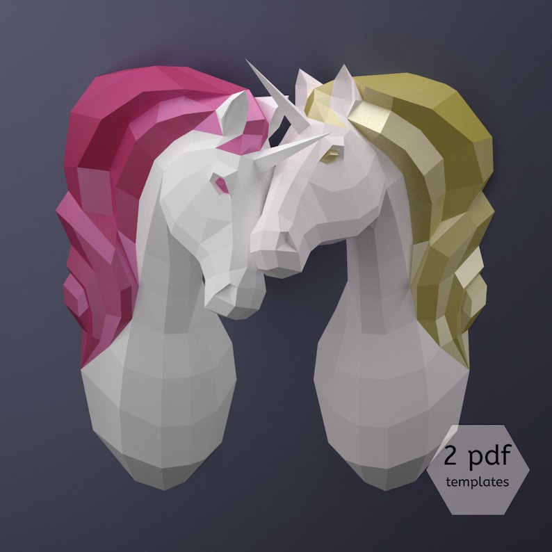 Papercraft 3D Couple of Unicorns, DIY Paper Unicorns, Printable PDF templates, Low Poly Unicorns, 3D Paper Wall Art, Rainy Day Activities Bild 1