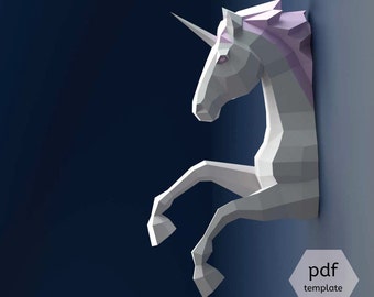 Unicorn 3D Papercraft, DIY Low Poly Paper Sculpture PDF pattern (3D SVG for Cricut on request). Wall decor gift for granddaughter or niece.