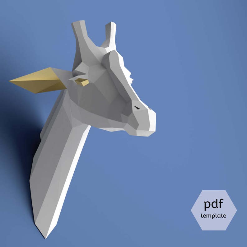 Paper giraffe trophy, Giraffe head, Download, Paper craft animal, Faux taxidermy head, 3D model papercraft, DIY lowpoly, DIY paper sculpture image 1