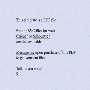 This picture is a text announcing that Oxygami can provide SVG for Cricut cutting machines and DXF files for Silhouette cutting machines upon purchase of the PDF version. Shoppers can message Oxygami to get their cut files.