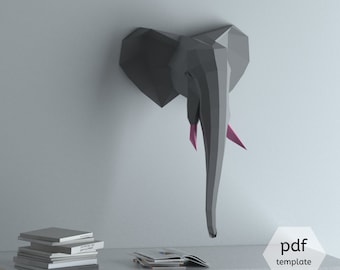 Elefanten-Papierkunst, 3D-Papierkunst-PDF, 3D-Vorlage, Wandskulptur-Dekor, Elefantenkopf, Zirkusparty, DIY-Hängemodell