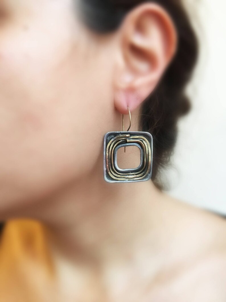 Gift for Women-Dangle Earrings-Wedding Gift-Modern-Gift for Her-Boho-Bronze Earrings Gold Square Bronze Earring-Handmade-Drop Earrings