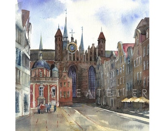 Gdańsk - Stare Miasto -Kościół Mariacki, Grobla - Polska- druk akwarela