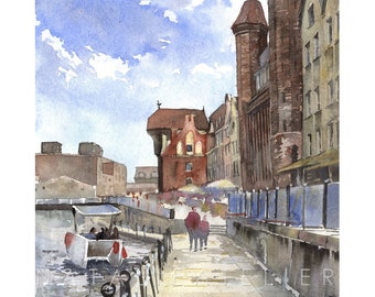 Gdańsk - Stare Miasto -Żuraw, Motława - watercolor print