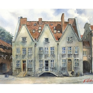 Può includere: Dipinto ad acquerello di un edificio di tre piani con un ponte di fronte. L'edificio è dipinto in tonalità di grigio e marrone, con un tetto di tegole rosse. Il ponte è in pietra e ha una ringhiera in legno. Il dipinto è firmato "N. Wistnik" nell'angolo in basso a destra.