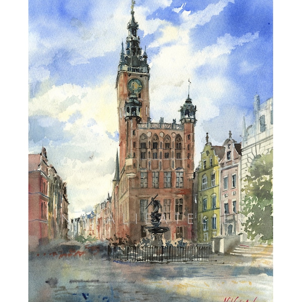 Gdansk - Vieille ville - Rue Dluga - impression aquarelle