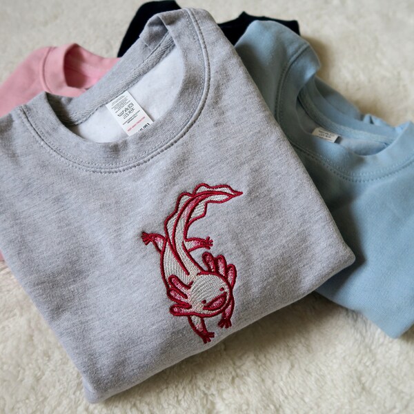 Axolotl Sweatshirt, Embroidered Sweatshirt, walking fish top, Kid Sweatshirt, Unisex adult/children, birthday, Christmas gift