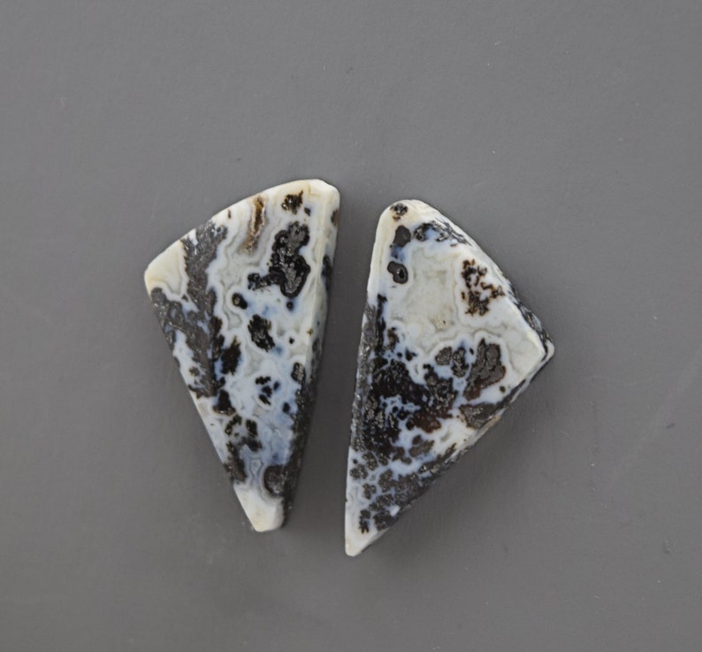 Black Feather Plume Agate Cabochon Pair