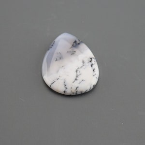 Op de afbeelding: Een witte en zwarte dendritische agaat cabochon in een traanvorm.