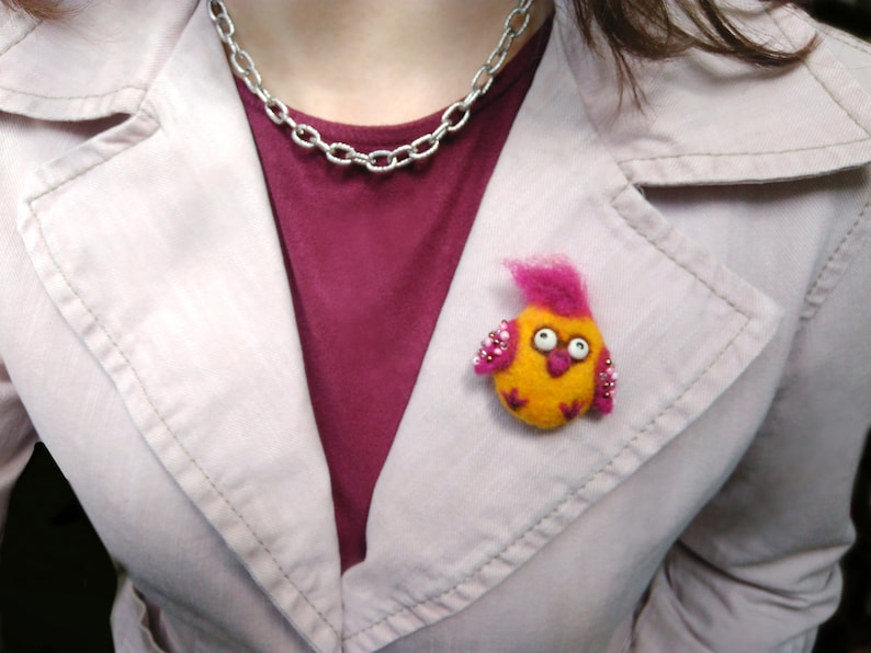 Funny Little Bird brooch Needle felted Yellow Birdie brooch Backpack pin Bag brooch Comic Crazy Chick Felt brooch Funny girl gift