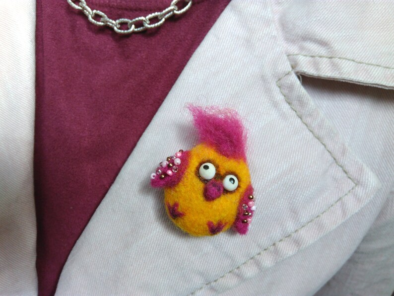 Funny Little Bird brooch Needle felted Yellow Birdie brooch Backpack pin Bag brooch Comic Crazy Chick Felt brooch Funny girl gift