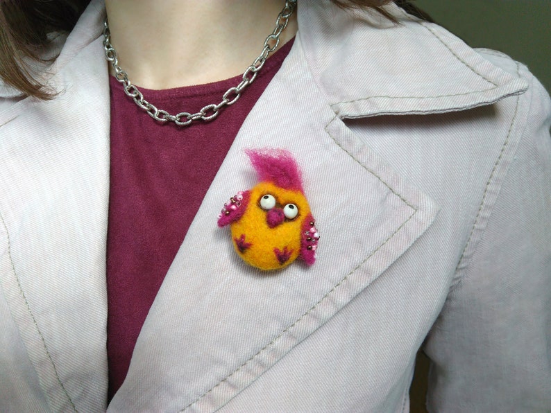 Funny Little Bird brooch Needle felted Yellow Birdie brooch Backpack pin Bag brooch Comic Crazy Chick Felt brooch Funny girl gift