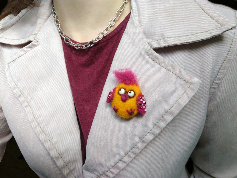 Funny Little Bird brooch Needle felted Yellow Birdie brooch Backpack pin Bag brooch Comic Crazy Chick Felt brooch Funny girl gift