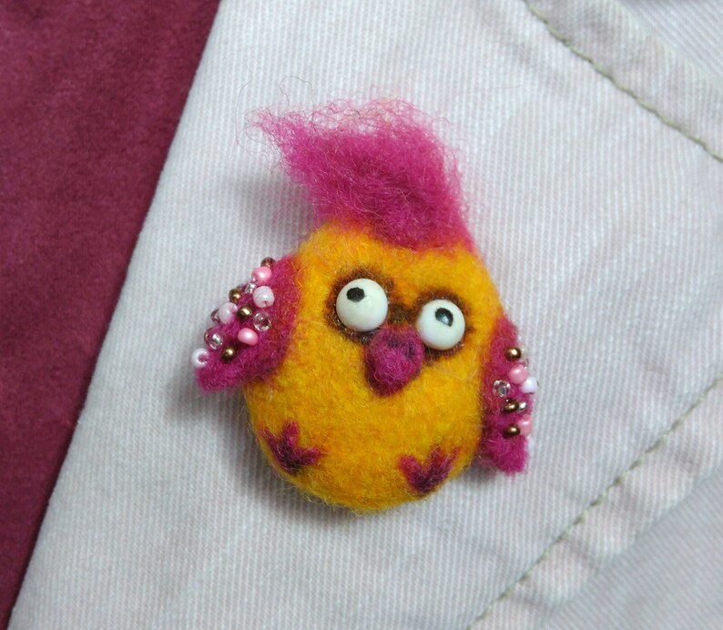 Funny Little Bird brooch Needle felted Yellow Birdie brooch Backpack pin Bag brooch Comic Crazy Chick Felt brooch Funny girl gift