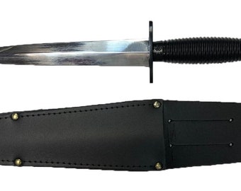 Cuchillo Commando Fairbairn Sykes auténtico, hoja de acero al carbono brillante + funda para cinturón