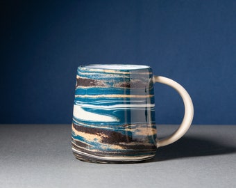 Unique mug, coffee cup, one of a kind black and blue marbled mug, handmade pottery, unique gift, READY TO SHIP