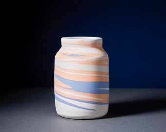 Wheel Thrown Bud Vase blue, orange, and white porcelain ceramic handmade small pottery marbled clay unglazed exterior READY TO SHIP