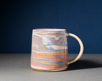 Coffee mug, unique pink and blue mug, one of a kind marbled cup, handmade gift, handmade pottery, READY TO SHIP