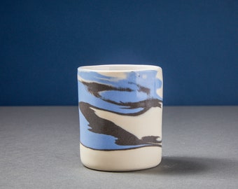 Unique blue and gray porcelain tumbler one of a kind handmade  ceramic wheel thrown cup marbled clay READY TO SHIP