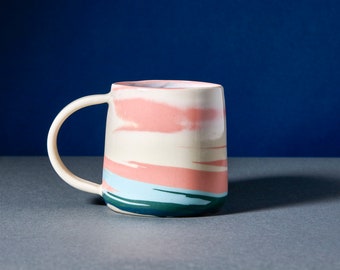 Unique coffee cup, sunset inspired mug, one of a kind pink and blue marbled mug, handmade pottery, unique gift, READY TO SHIP