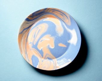 Small plate, porcelain trinket dish, handmade catch all, orange, blue, and white READY TO SHIP