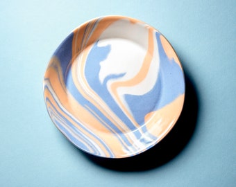 Trinket Dish, handmade catch all, orange, blue, and white ceramic plate  READY TO SHIP