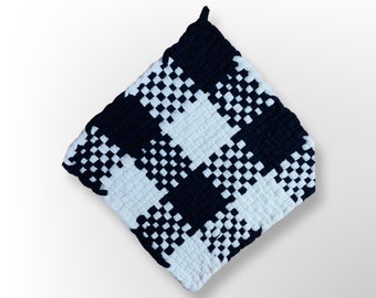 8" Handwoven Potholder / Blue Black & White/ 100% Cotton Potholder / Handmade / Shower Gift / Wedding gift / Housewarming gift/Cooks gift