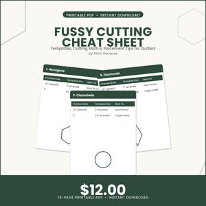 Puede incluir: Una hoja de trucos en PDF imprimible titulada Fussy Cutting Cheat Sheet de Rita's Racques, que presenta tablas para hexágonos, diamantes y conchas con columnas para el lado terminado, tamaño de plantilla y mejor uso para acolchadores.