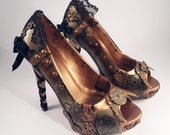 Steampunk Copper Black Lace Custom Heels, Hand Painted Shoes