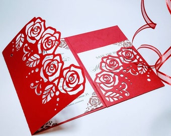 5x7 SVG Laser Cut Roses Wedding Invitation Tri Fold Card Cricut Cut File Silhuette Cameo DXF arabesques Roses design card luxury invitation