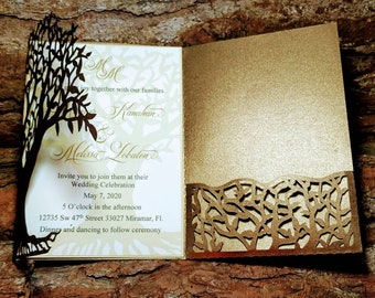 5x7 SVG Laser Cut Wedding Invitation Tree Tri Fold Card Cricut Cut File Couple Cricut Silhuette  DXF Ai Romantic Tree Card Paper Cut Die Cut