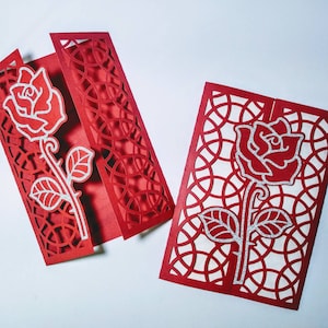 SVG Cricut Laser Cut Convite Rosas Modelo Encantado Rosa Silhueta Camafeu A Bela e a Fera Tema Cartão Aniversário Dia das Mães Cartão