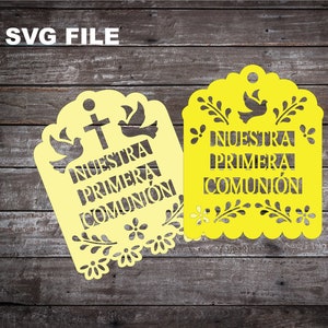 Fichiers coupés SVG modèle Cricut joy Tag Nuestra Primera Comunion baptême première communion Papel Picado étiquette souvenir découpée au laser Silhouette camée