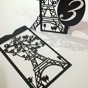 SVG Torre Eiffel Paris Convite de Casamento Envelope Cartão de Dia dos Namorados. Número da mesa Modelo (.svg .dxf .ai) Cricut, Silhueta, Corte a Laser