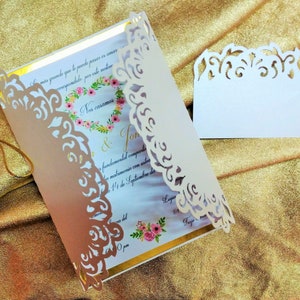 SVG Gate Fold Card Laser Cut Wedding Invitation Template Cricut cut file Silhouette Cameo Flourish Design save the date tag romantic wedding
