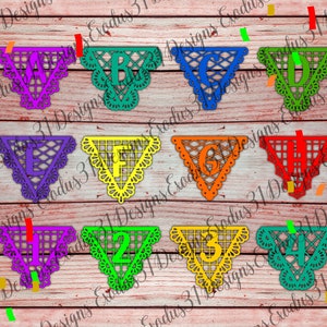 Alphabet ABC et chiffres 37 fichiers SVG Papel Picado Modèles Cricut Fichiers de découpe imprimables anniversaire bannières décoratives DXF Ai png découpé au laser