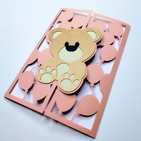 SVG Card Baby Shower Cut Files Cricut teddy bear balloons invitation Cut Cutting Silhouette Cameo Gender Reveal Baby Boy Baby Girl Card SVG