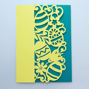 Modelo de cartão de bolso SVG Tri Fold 5x7 polegadas Cartão de Feliz Páscoa Cricut Silhouette Cameo Laser Cut Presente Convite Ovos de Páscoa arquivo svg Primavera