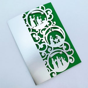 SVG Tri Fold Pocket Kartenvorlage 5 x 7 Zoll Weihnachtskrippe Weihnachtskugel Cricut Silhouette Cameo Laser Cut Geschenk Einladung Abendessen