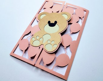SVG Card Baby Shower Cut Files Cricut teddy bear balloons invitation Cut Cutting Silhouette Cameo Gender Reveal Baby Boy Baby Girl Card SVG